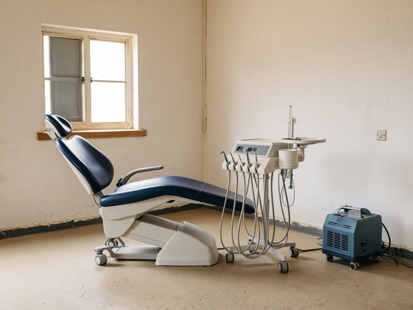 A portable dental chair in a modest Rwandan clinic room