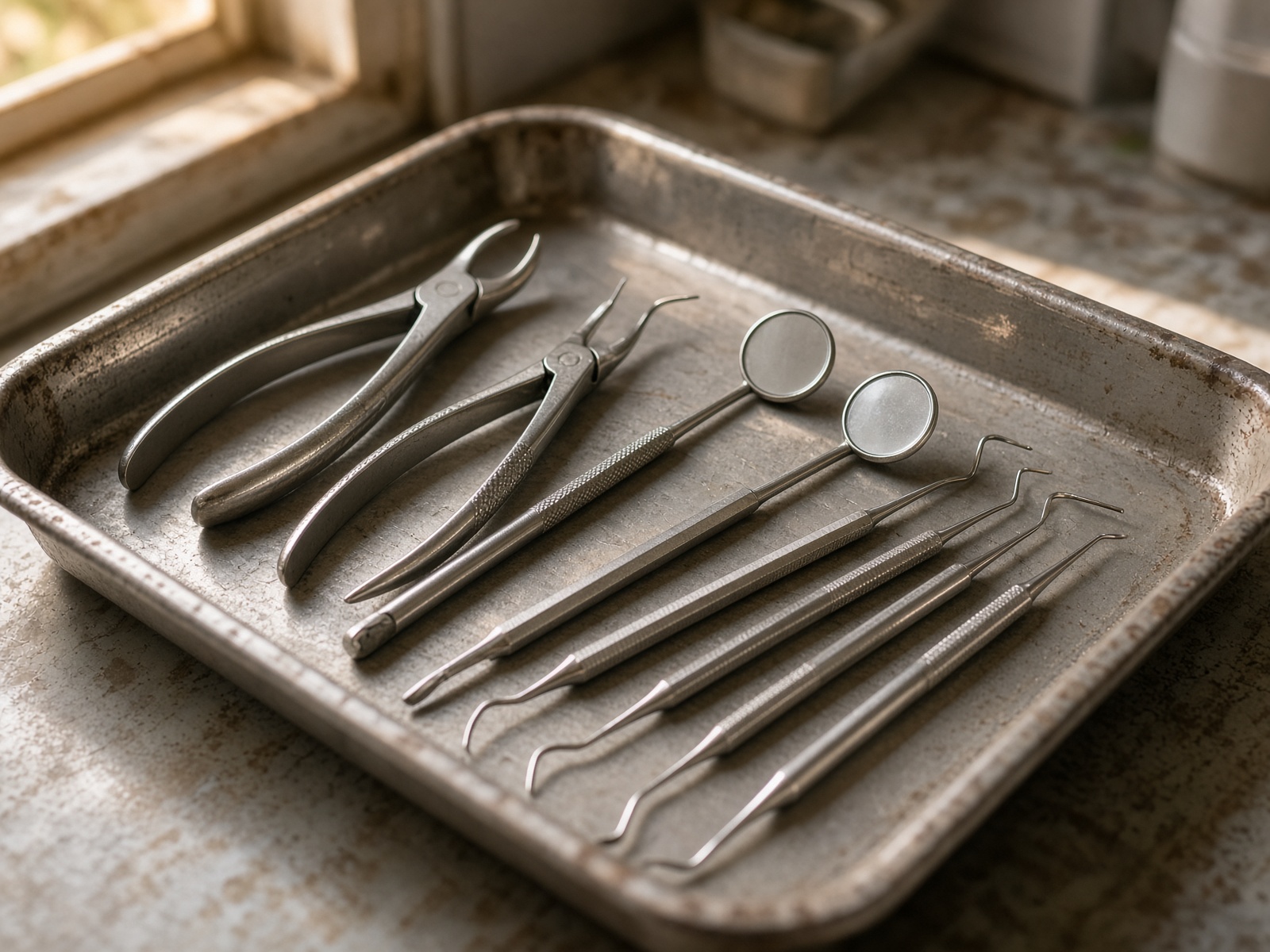 Sterilized dental forceps and hand instruments on a clinic tray