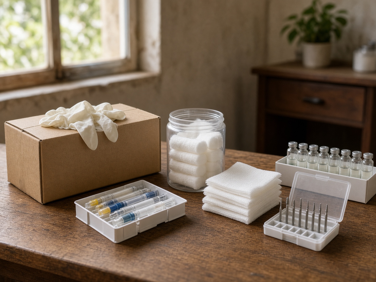 Gloves, composite, gauze, and anesthetic supplies on a clinic table