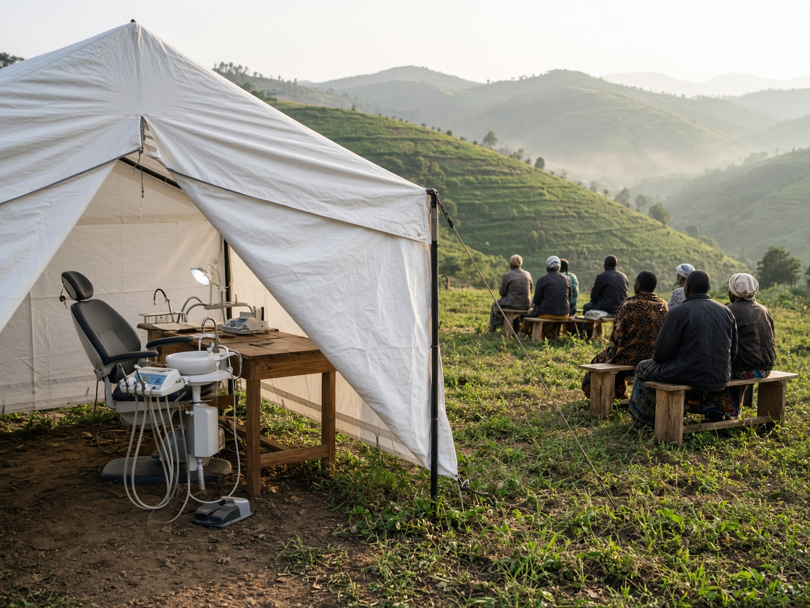A dental outreach tent on a hillside in rural Rwanda