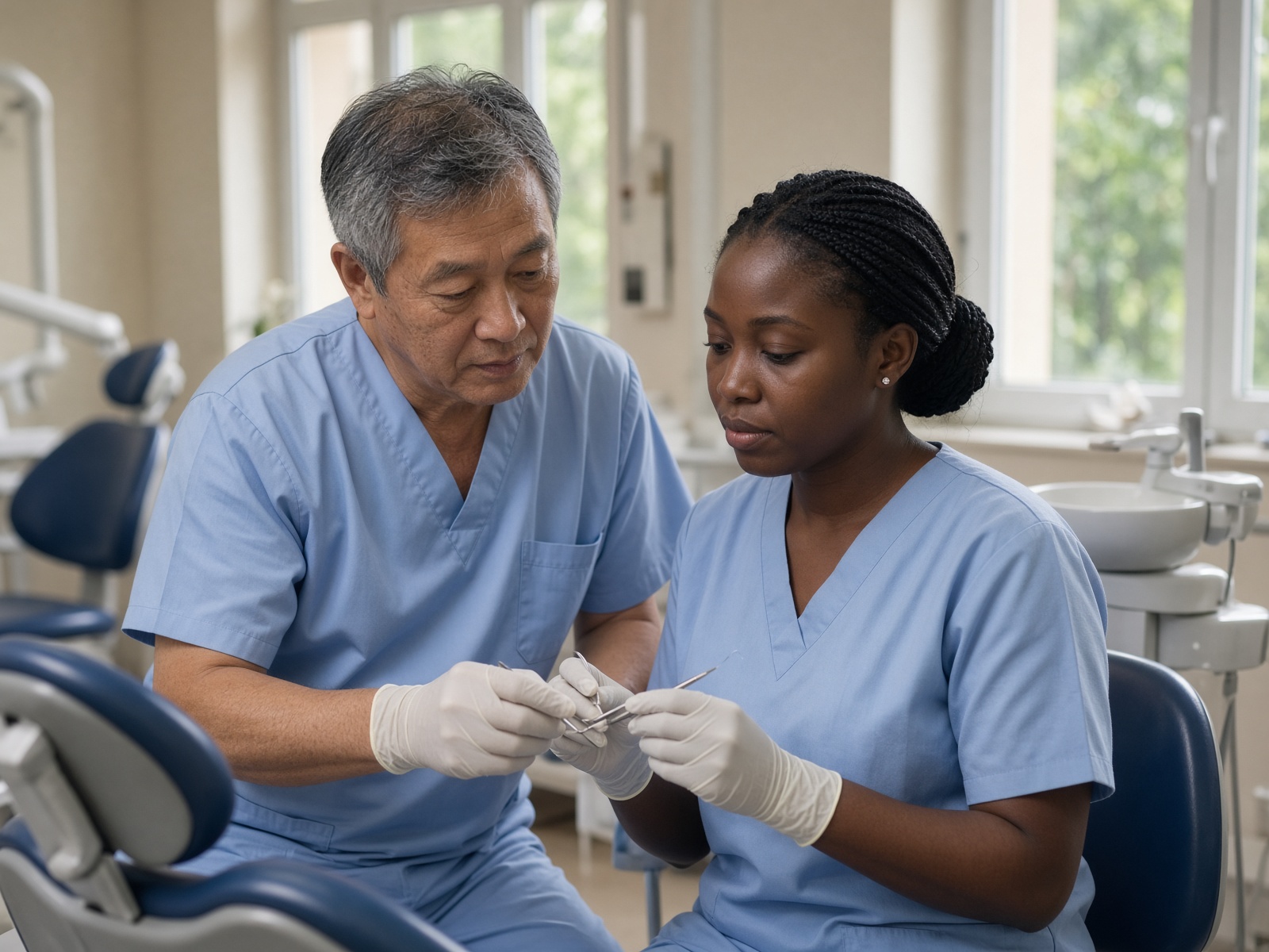 A dentist mentoring a Rwandan clinician at the chair