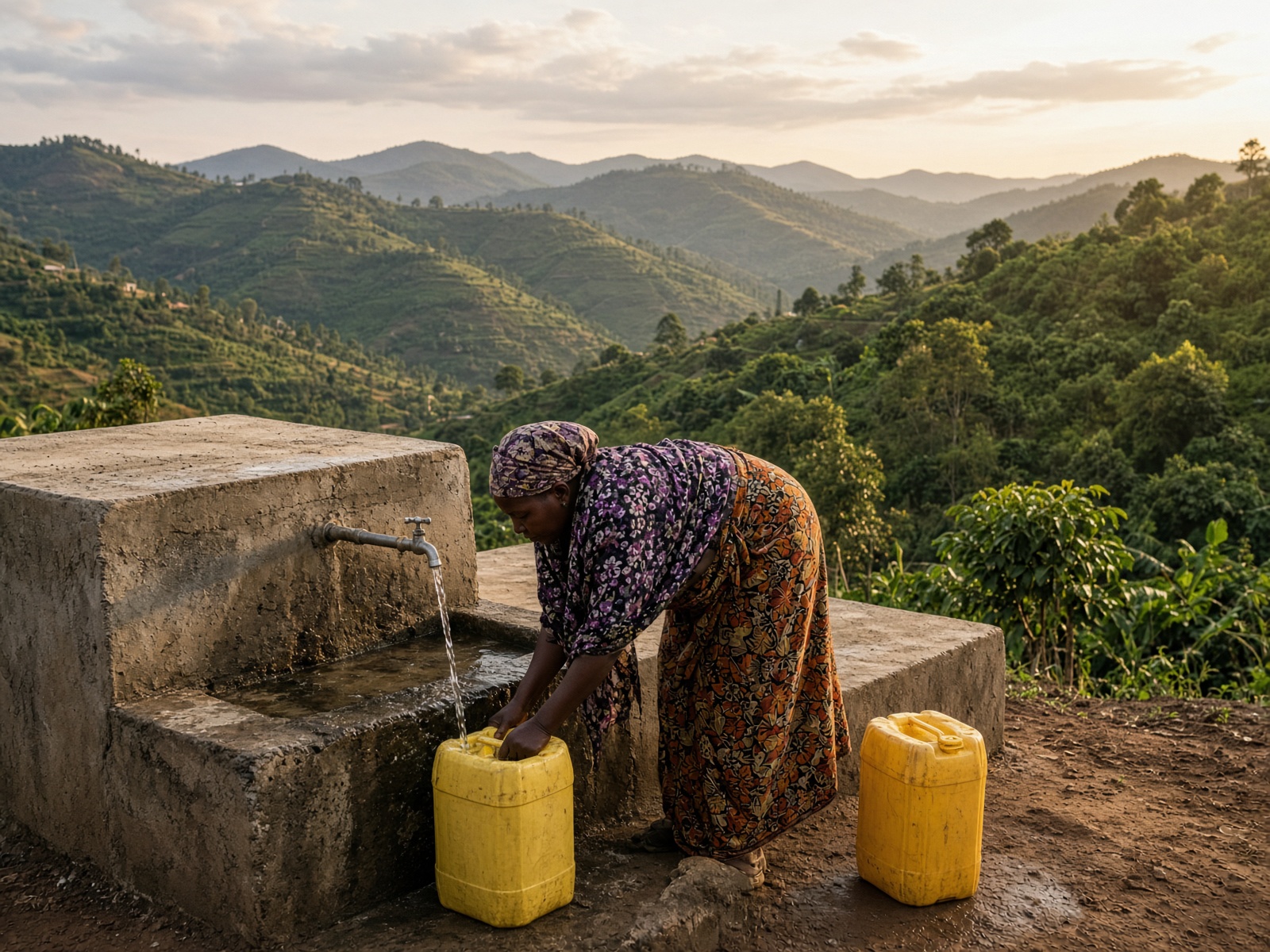 A woman filling a jerrycan at a rural Rwanda water tap